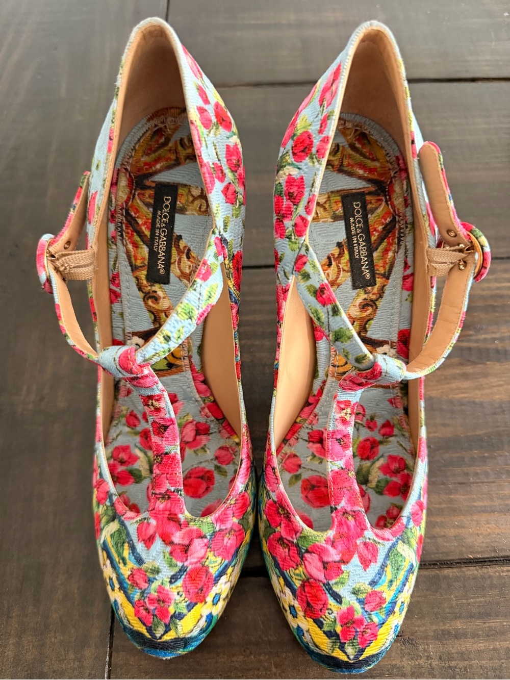 Dolce & Gabbana Blue Floral T-Strap Heels with Pink Accents